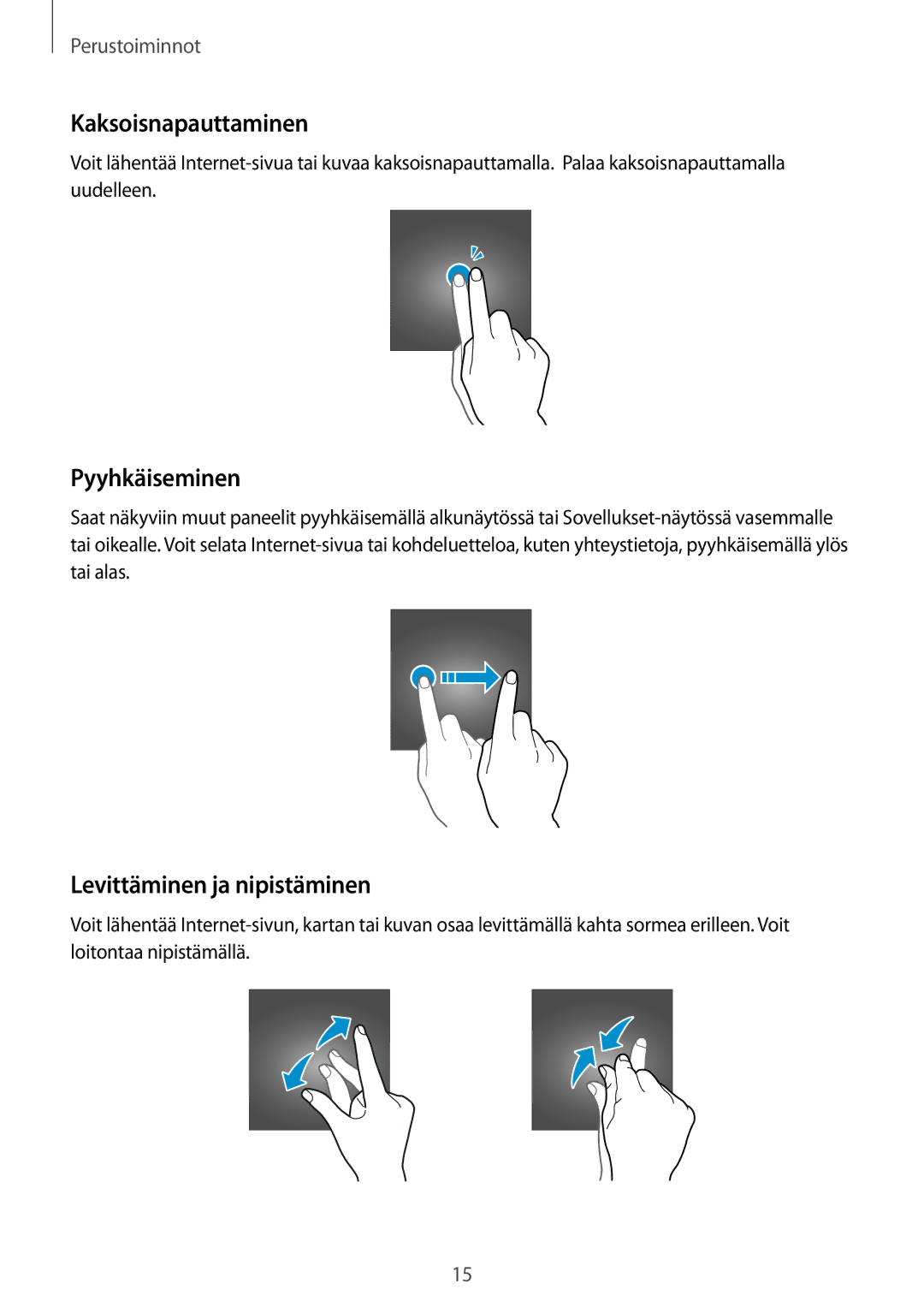 Samsung SM-T580NZKANEE, SM-T580NZKENEE, SM-T580NZWANEE Kaksoisnapauttaminen, Pyyhkäiseminen, Levittäminen ja nipistäminen 