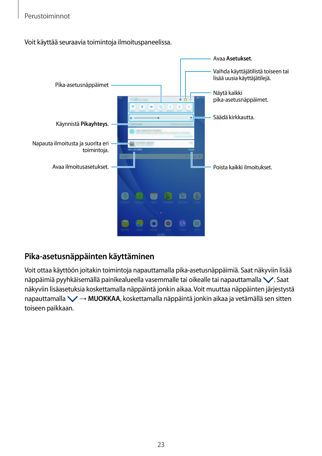 Samsung SM-T580NZKANEE manual Pika-asetusnäppäinten käyttäminen, Voit käyttää seuraavia toimintoja ilmoituspaneelissa 