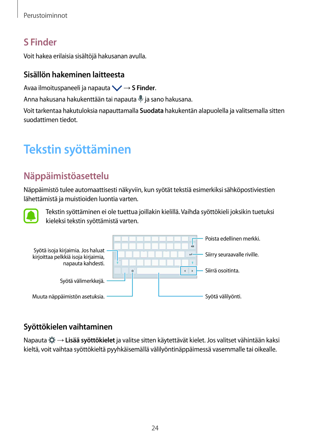 Samsung SM-T580NZKENEE, SM-T580NZWANEE Tekstin syöttäminen, Finder, Näppäimistöasettelu, Sisällön hakeminen laitteesta 