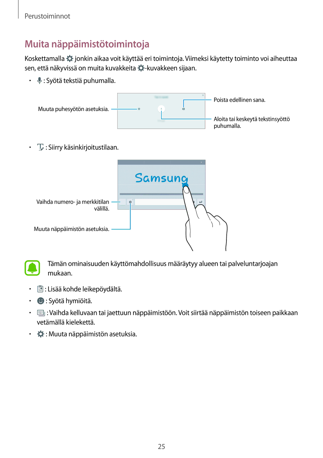 Samsung SM-T580NZWANEE, SM-T580NZKENEE, SM-T580NZWENEE manual Muita näppäimistötoimintoja, Siirry käsinkirjoitustilaan 