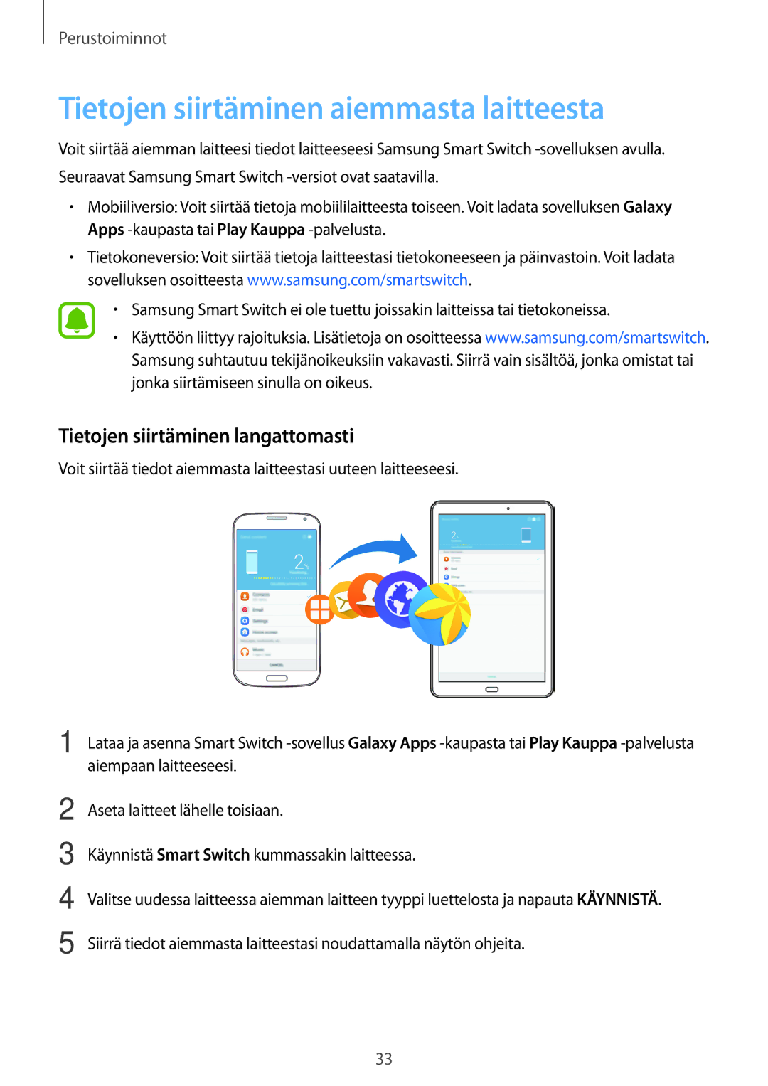 Samsung SM-T580NZWANEE, SM-T580NZKENEE manual Tietojen siirtäminen aiemmasta laitteesta, Tietojen siirtäminen langattomasti 