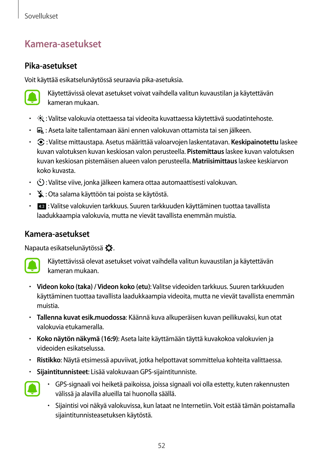 Samsung SM-T580NZKENEE, SM-T580NZWANEE, SM-T580NZWENEE, SM-T580NZKANEE manual Kamera-asetukset, Pika-asetukset 