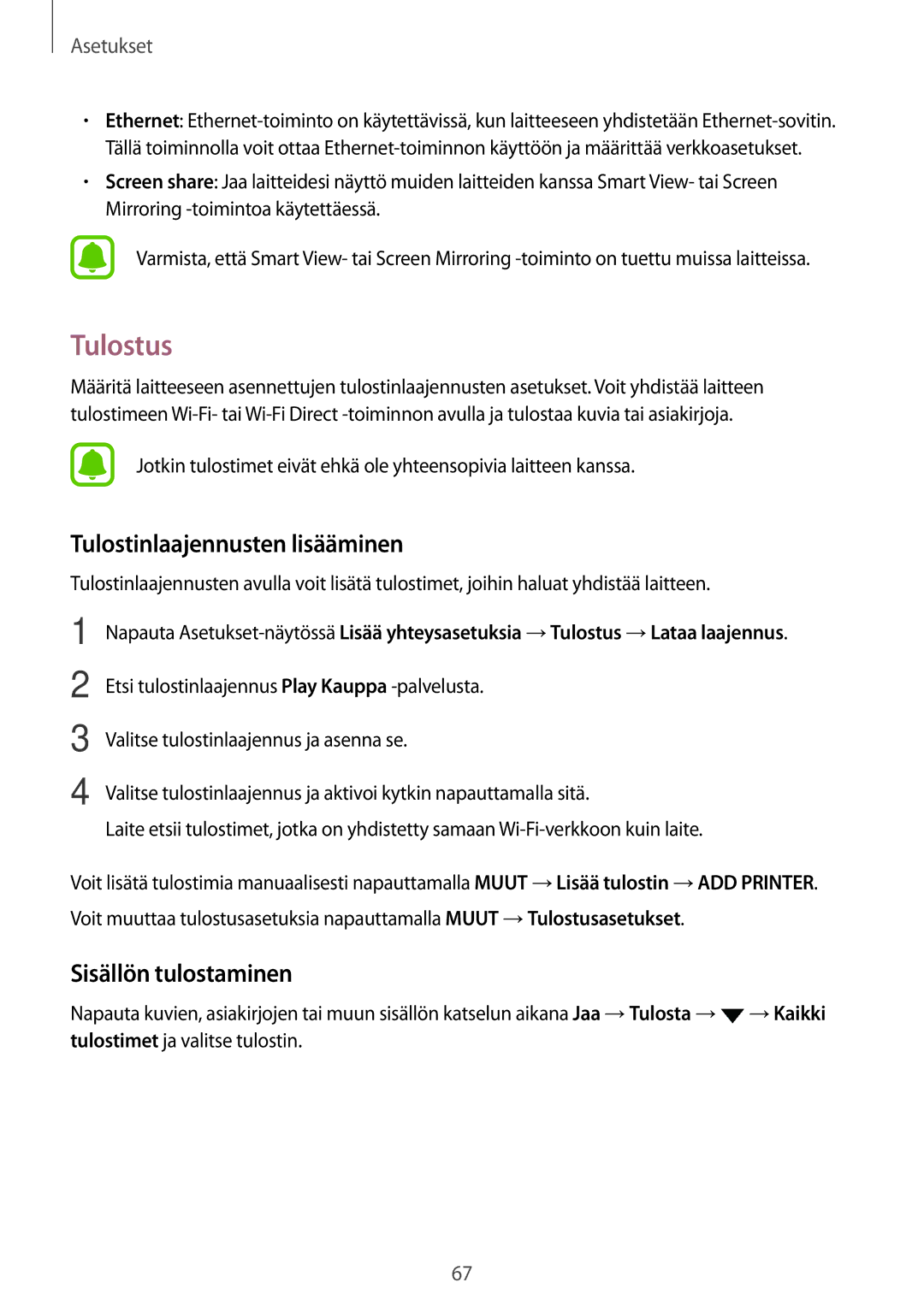 Samsung SM-T580NZKANEE, SM-T580NZKENEE, SM-T580NZWANEE Tulostus, Tulostinlaajennusten lisääminen, Sisällön tulostaminen 