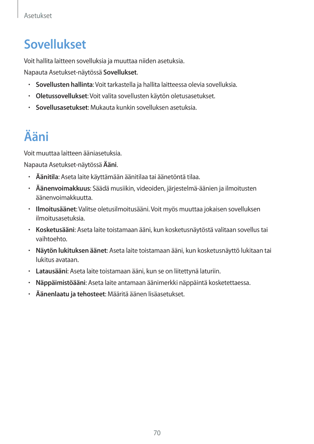 Samsung SM-T580NZWENEE, SM-T580NZKENEE, SM-T580NZWANEE, SM-T580NZKANEE manual Sovellukset, Ääni 