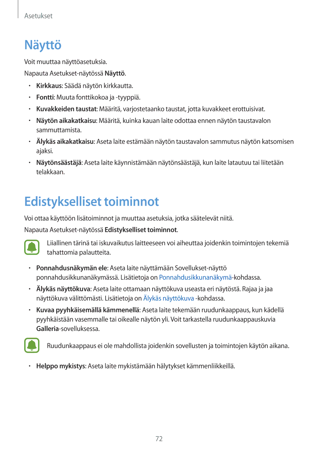 Samsung SM-T580NZKENEE, SM-T580NZWANEE, SM-T580NZWENEE, SM-T580NZKANEE manual Näyttö, Edistykselliset toiminnot 