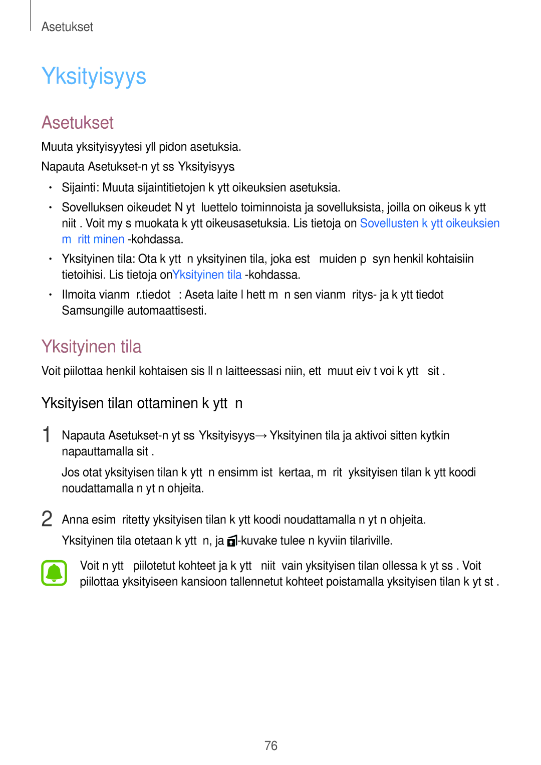 Samsung SM-T580NZKENEE, SM-T580NZWANEE, SM-T580NZWENEE Yksityisyys, Yksityinen tila, Yksityisen tilan ottaminen käyttöön 