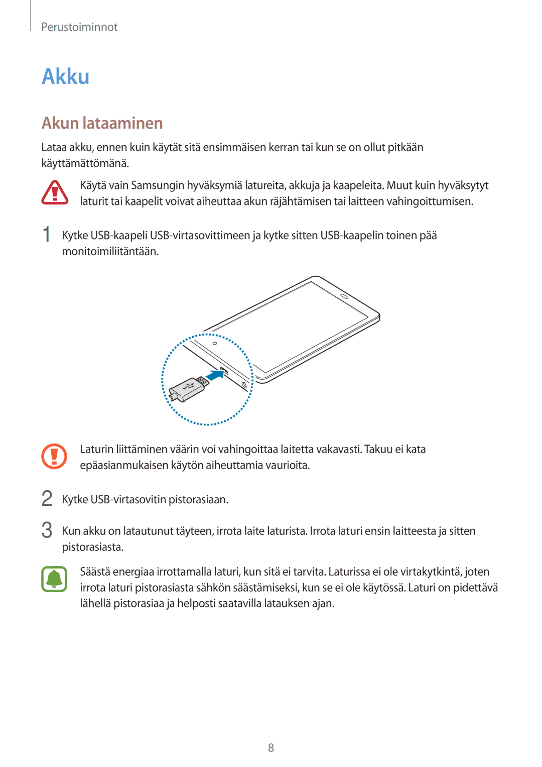 Samsung SM-T580NZKENEE, SM-T580NZWANEE, SM-T580NZWENEE, SM-T580NZKANEE manual Akku, Akun lataaminen 