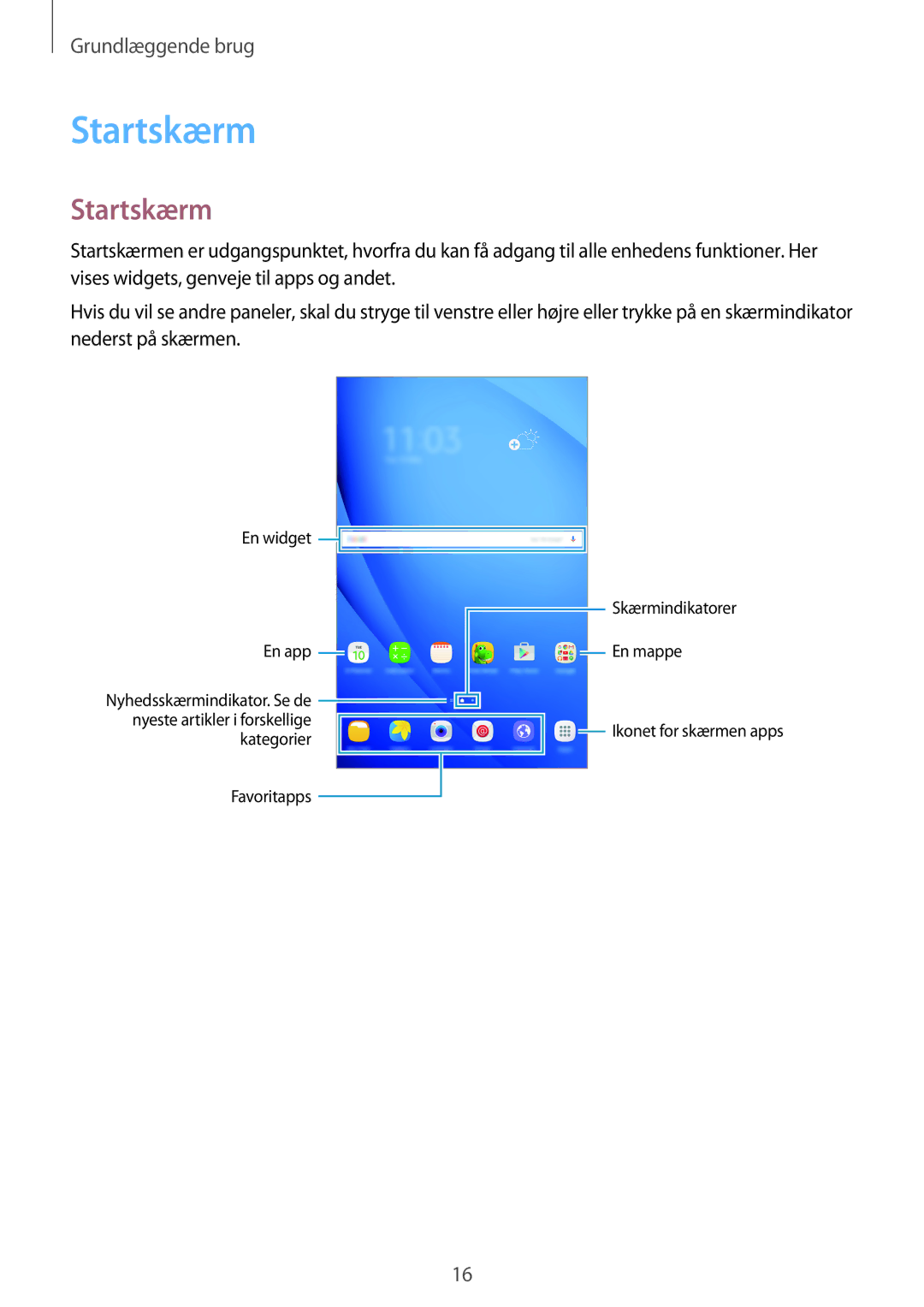 Samsung SM-T580NZKENEE, SM-T580NZWANEE, SM-T580NZWENEE, SM-T580NZKANEE manual Startskærm 