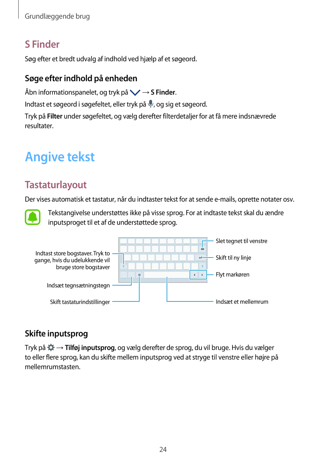 Samsung SM-T580NZKENEE manual Angive tekst, Finder, Tastaturlayout, Søge efter indhold på enheden, Skifte inputsprog 