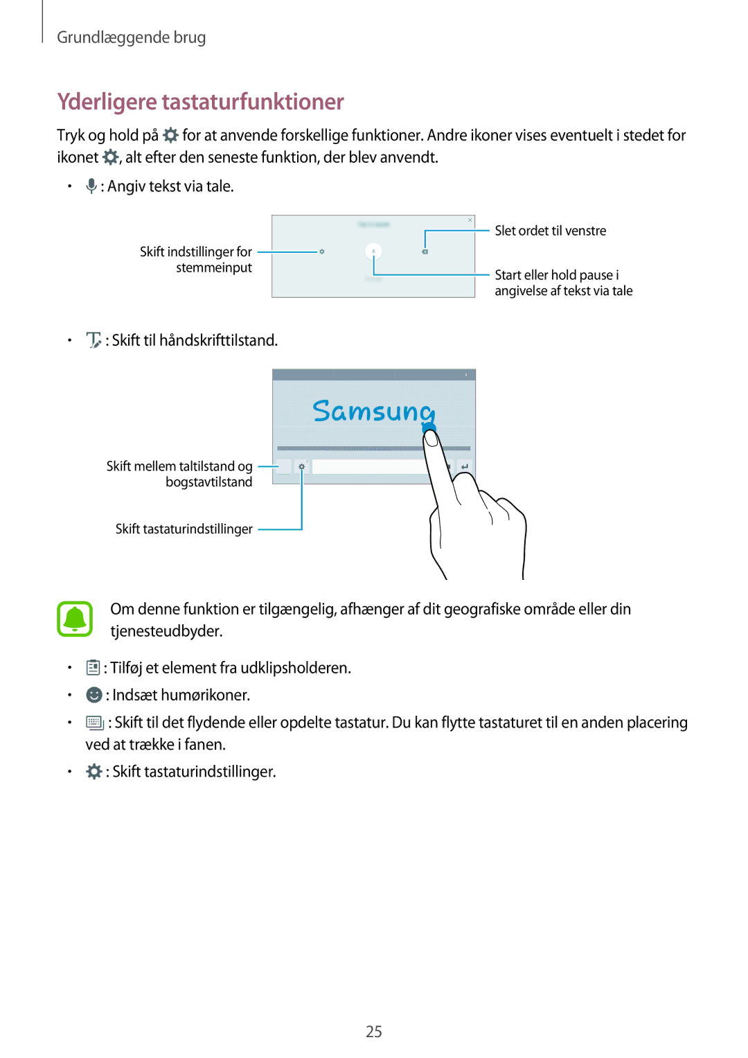 Samsung SM-T580NZWANEE, SM-T580NZKENEE, SM-T580NZWENEE manual Yderligere tastaturfunktioner, Skift til håndskrifttilstand 