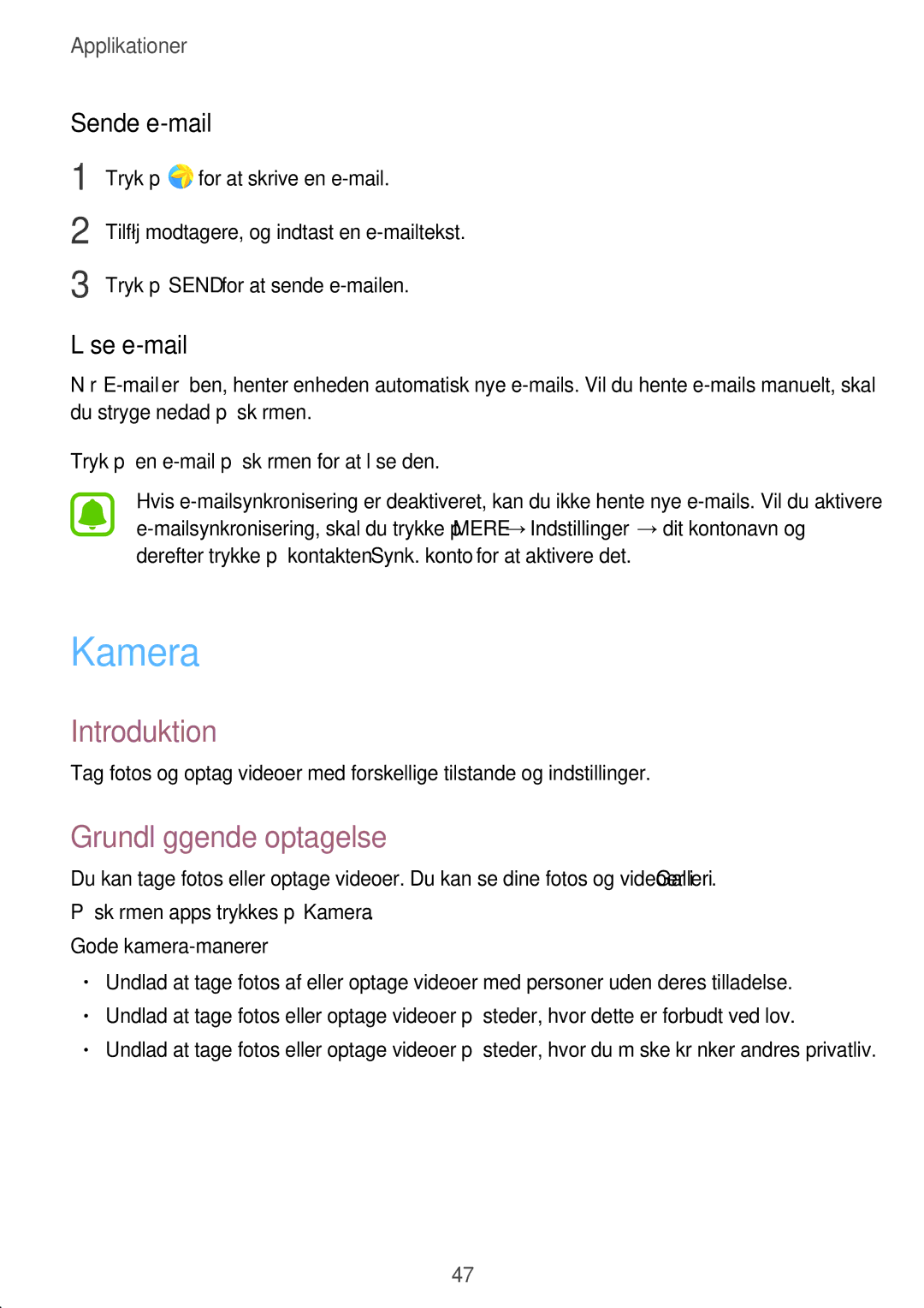 Samsung SM-T580NZKANEE, SM-T580NZKENEE Kamera, Grundlæggende optagelse, Sende e-mail, Læse e-mail, Gode kamera-manerer 