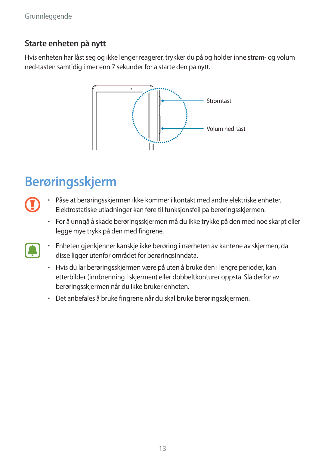 Samsung SM-T580NZWANEE, SM-T580NZKENEE, SM-T580NZWENEE, SM-T580NZKANEE manual Berøringsskjerm, Starte enheten på nytt 