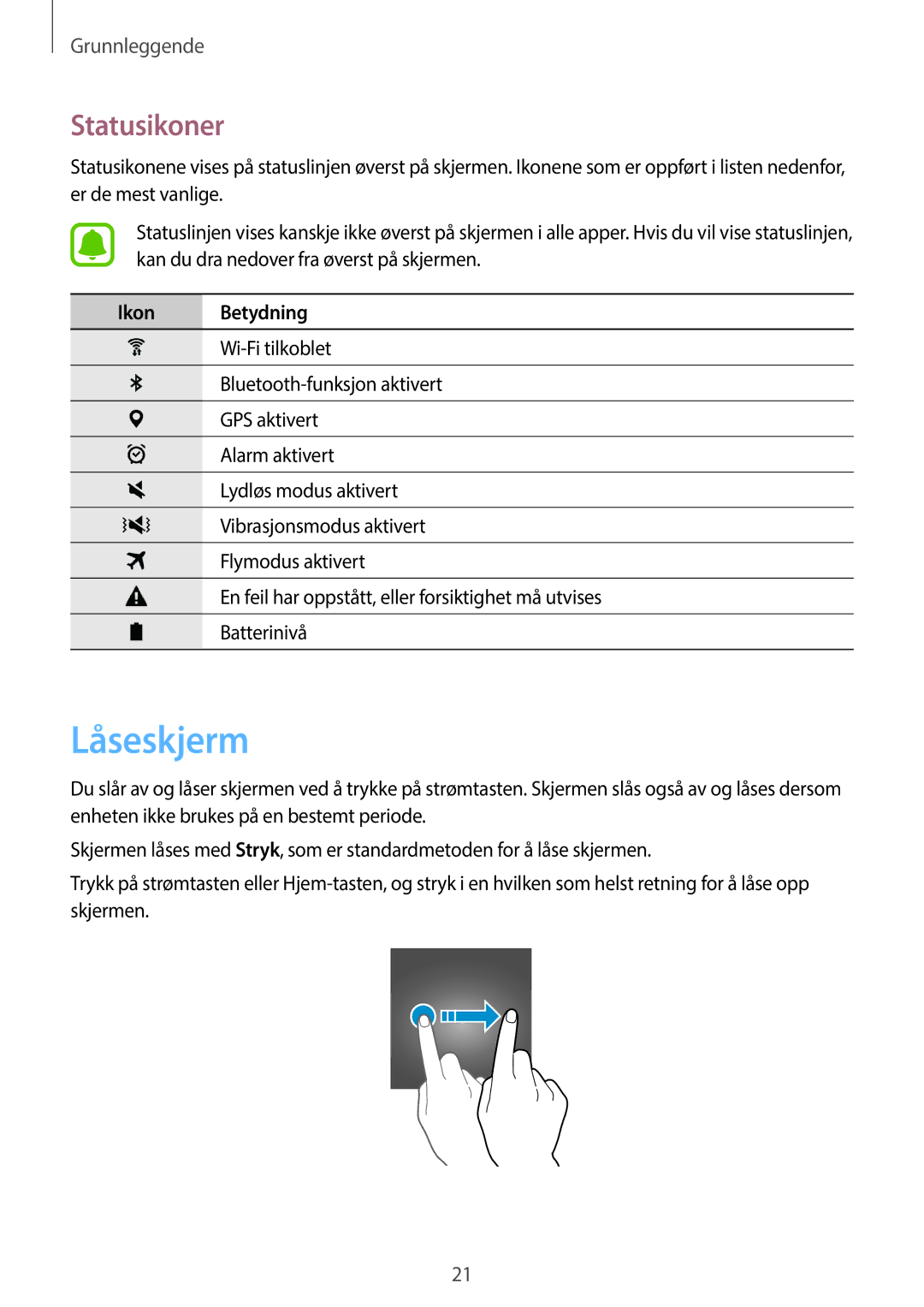 Samsung SM-T580NZWANEE, SM-T580NZKENEE, SM-T580NZWENEE, SM-T580NZKANEE manual Låseskjerm, Statusikoner, Ikon Betydning 