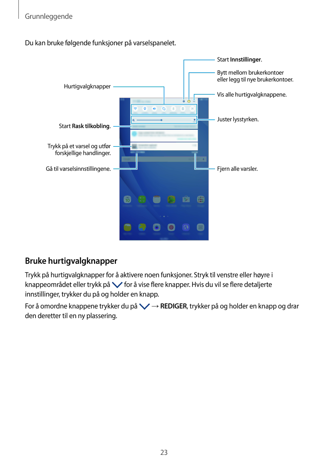 Samsung SM-T580NZKANEE, SM-T580NZKENEE manual Bruke hurtigvalgknapper, Du kan bruke følgende funksjoner på varselspanelet 