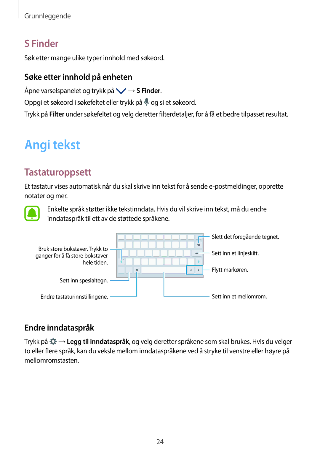 Samsung SM-T580NZKENEE manual Angi tekst, Finder, Tastaturoppsett, Søke etter innhold på enheten, Endre inndataspråk 