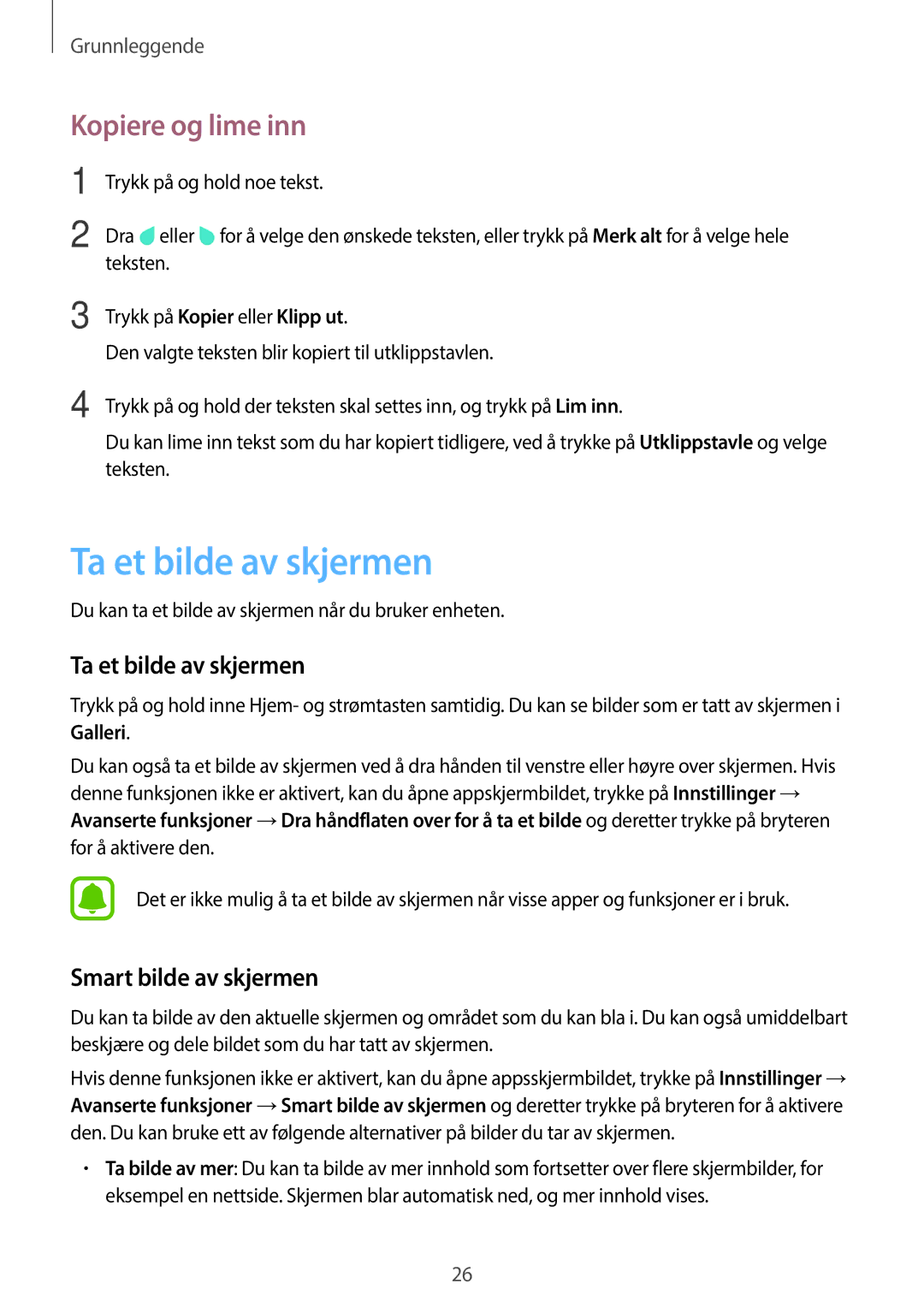 Samsung SM-T580NZWENEE, SM-T580NZKENEE manual Ta et bilde av skjermen, Kopiere og lime inn, Smart bilde av skjermen 