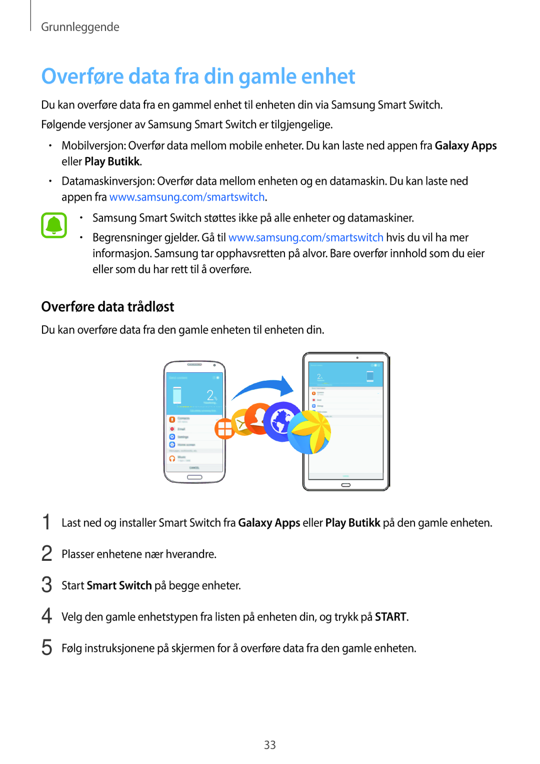 Samsung SM-T580NZWANEE, SM-T580NZKENEE, SM-T580NZWENEE manual Overføre data fra din gamle enhet, Overføre data trådløst 