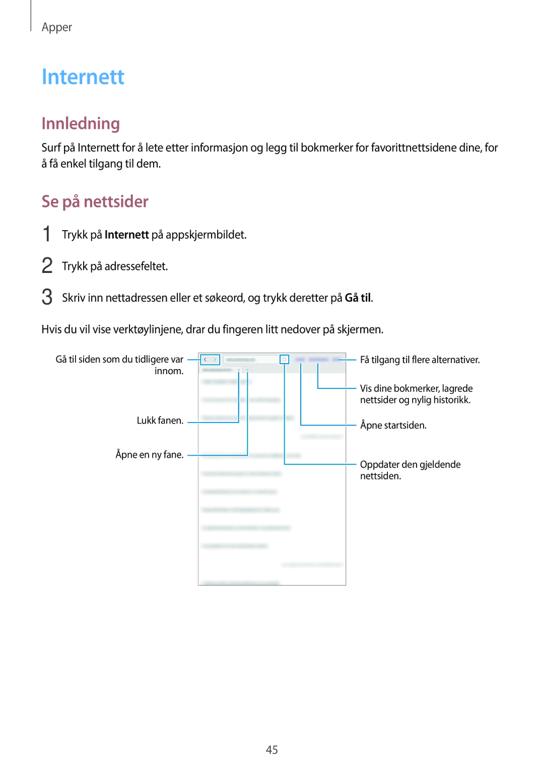 Samsung SM-T580NZWANEE, SM-T580NZKENEE, SM-T580NZWENEE, SM-T580NZKANEE manual Internett, Se på nettsider 