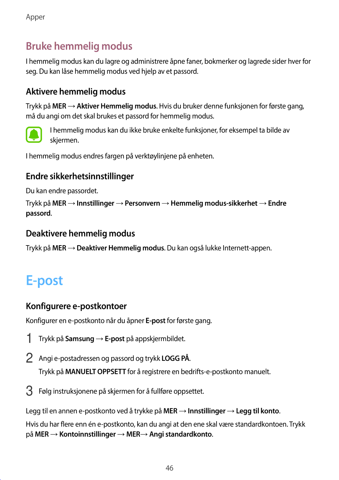 Samsung SM-T580NZWENEE, SM-T580NZKENEE, SM-T580NZWANEE, SM-T580NZKANEE manual Post, Bruke hemmelig modus 