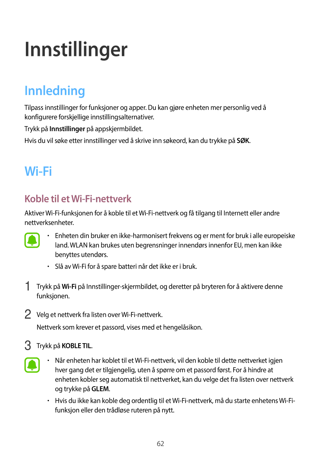 Samsung SM-T580NZWENEE, SM-T580NZKENEE, SM-T580NZWANEE, SM-T580NZKANEE manual Innledning, Koble til et Wi-Fi-nettverk 