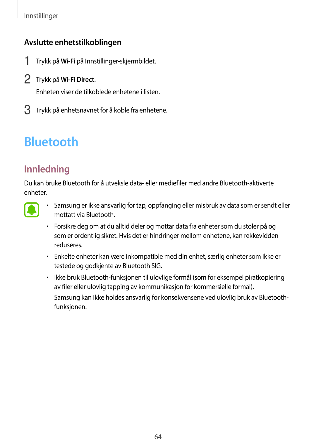 Samsung SM-T580NZKENEE, SM-T580NZWANEE, SM-T580NZWENEE, SM-T580NZKANEE manual Bluetooth, Avslutte enhetstilkoblingen 