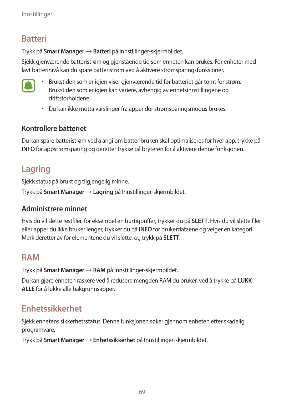 Samsung SM-T580NZWANEE, SM-T580NZKENEE manual Batteri, Lagring, Enhetssikkerhet, Kontrollere batteriet, Administrere minnet 