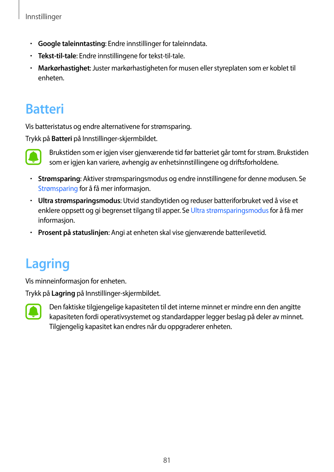 Samsung SM-T580NZWANEE, SM-T580NZKENEE, SM-T580NZWENEE, SM-T580NZKANEE manual Batteri, Lagring 