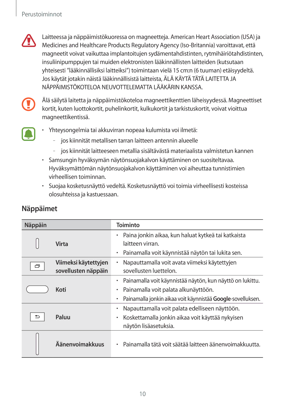 Samsung SM-T580NZWENEE, SM-T580NZKENEE, SM-T580NZWANEE, SM-T580NZKANEE manual Näppäimet, Näppäin Toiminto, Virta, Koti, Paluu 