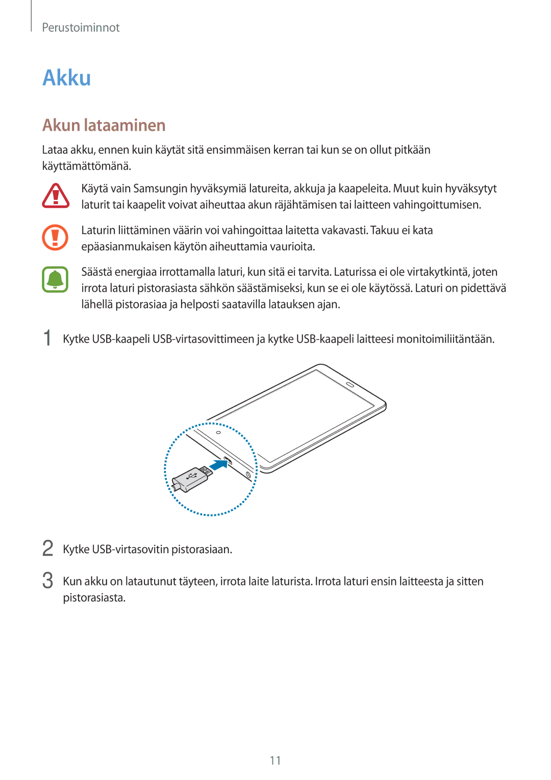 Samsung SM-T580NZKANEE, SM-T580NZKENEE, SM-T580NZWANEE, SM-T580NZWENEE manual Akku, Akun lataaminen 