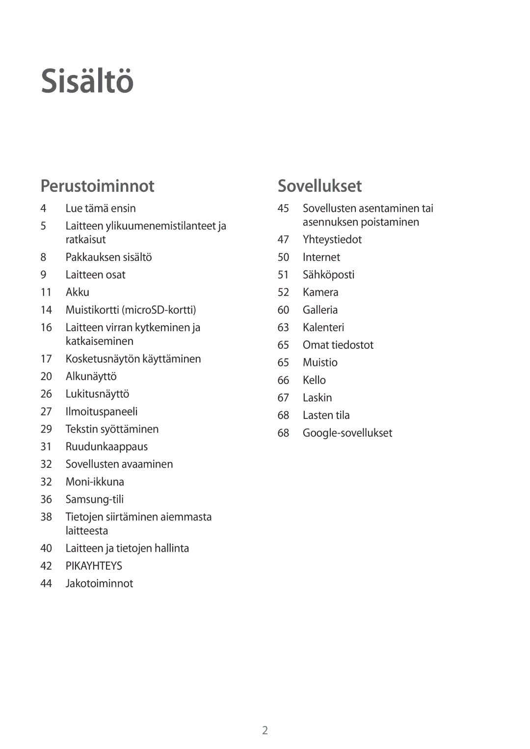 Samsung SM-T580NZWENEE, SM-T580NZKENEE, SM-T580NZWANEE, SM-T580NZKANEE manual Sisältö 