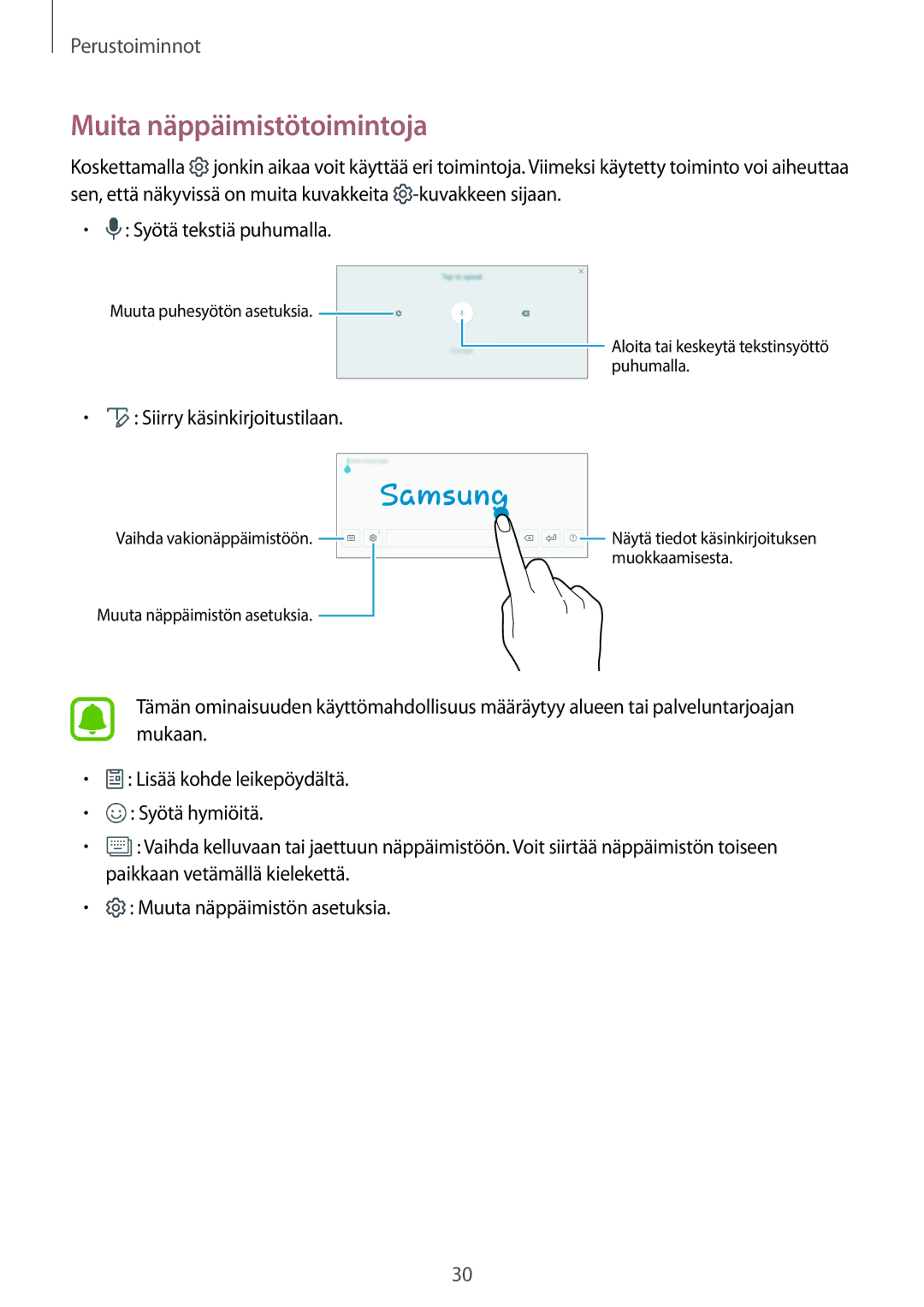 Samsung SM-T580NZWENEE, SM-T580NZKENEE, SM-T580NZWANEE manual Muita näppäimistötoimintoja, Siirry käsinkirjoitustilaan 