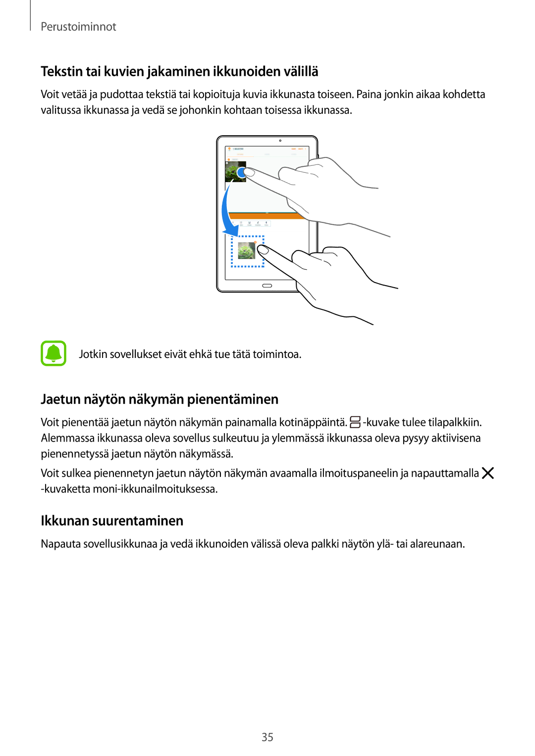 Samsung SM-T580NZKANEE manual Tekstin tai kuvien jakaminen ikkunoiden välillä, Jaetun näytön näkymän pienentäminen 