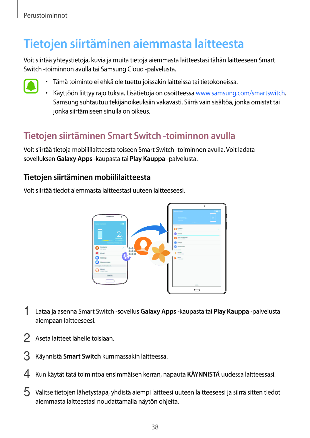 Samsung SM-T580NZWENEE Tietojen siirtäminen aiemmasta laitteesta, Tietojen siirtäminen Smart Switch -toiminnon avulla 