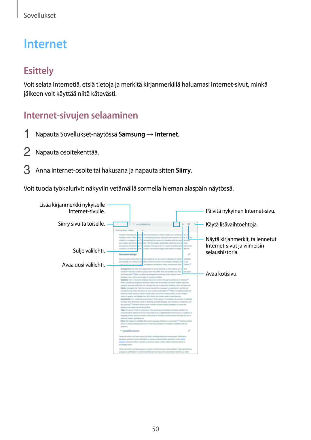 Samsung SM-T580NZWENEE, SM-T580NZKENEE, SM-T580NZWANEE, SM-T580NZKANEE manual Internet-sivujen selaaminen 