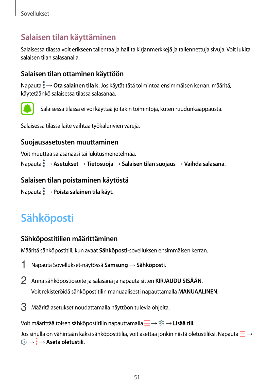 Samsung SM-T580NZKANEE, SM-T580NZKENEE, SM-T580NZWANEE, SM-T580NZWENEE manual Sähköposti, Salaisen tilan käyttäminen 