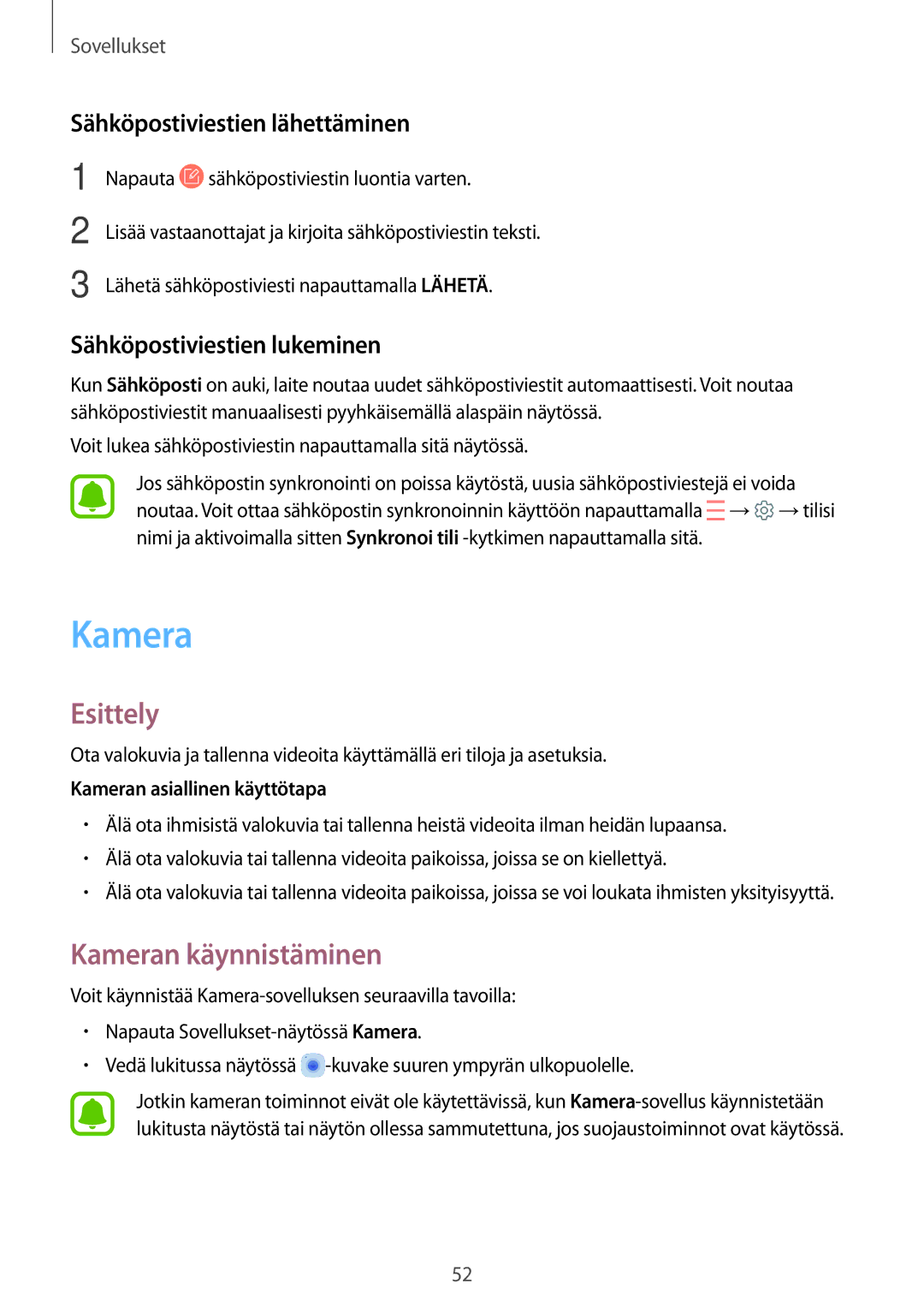 Samsung SM-T580NZKENEE manual Kameran käynnistäminen, Sähköpostiviestien lähettäminen, Sähköpostiviestien lukeminen 