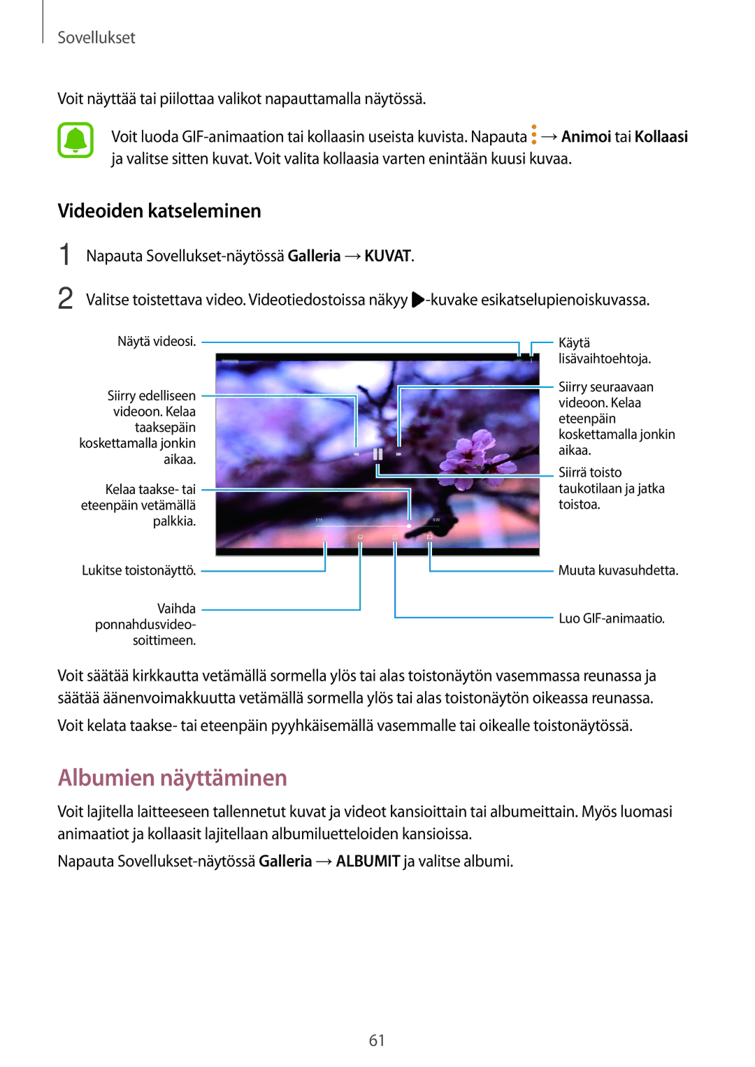 Samsung SM-T580NZWANEE, SM-T580NZKENEE, SM-T580NZWENEE, SM-T580NZKANEE manual Albumien näyttäminen, Videoiden katseleminen 