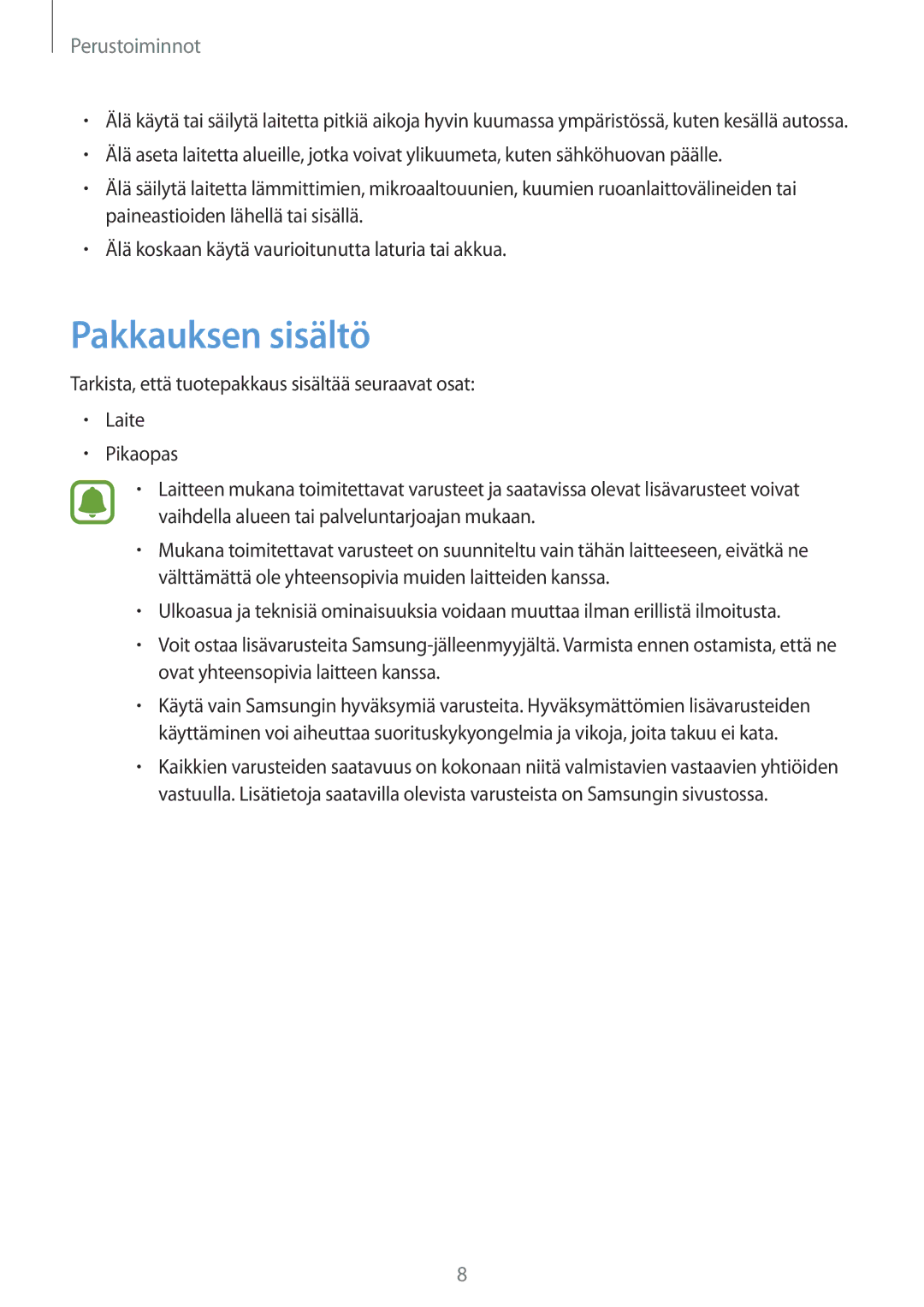 Samsung SM-T580NZKENEE, SM-T580NZWANEE, SM-T580NZWENEE, SM-T580NZKANEE manual Pakkauksen sisältö 