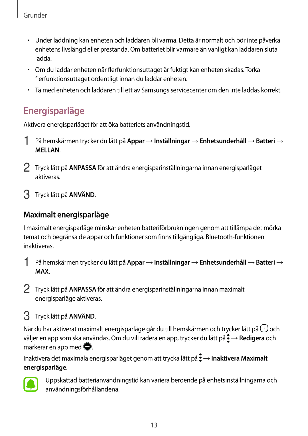 Samsung SM-T580NZWANEE, SM-T580NZKENEE, SM-T580NZWENEE, SM-T580NZKANEE manual Energisparläge, Maximalt energisparläge 