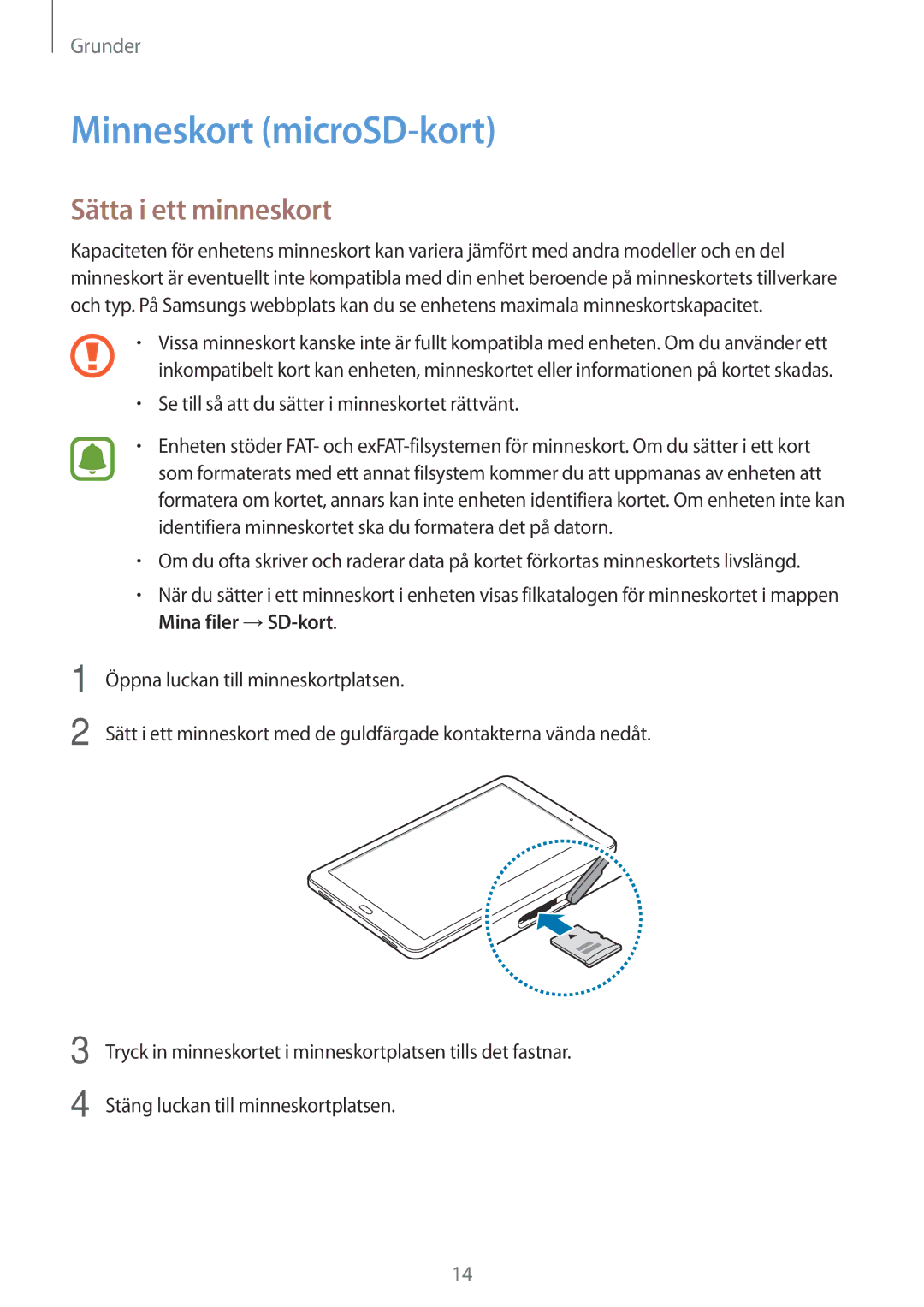 Samsung SM-T580NZWENEE, SM-T580NZKENEE, SM-T580NZWANEE, SM-T580NZKANEE manual Minneskort microSD-kort, Sätta i ett minneskort 