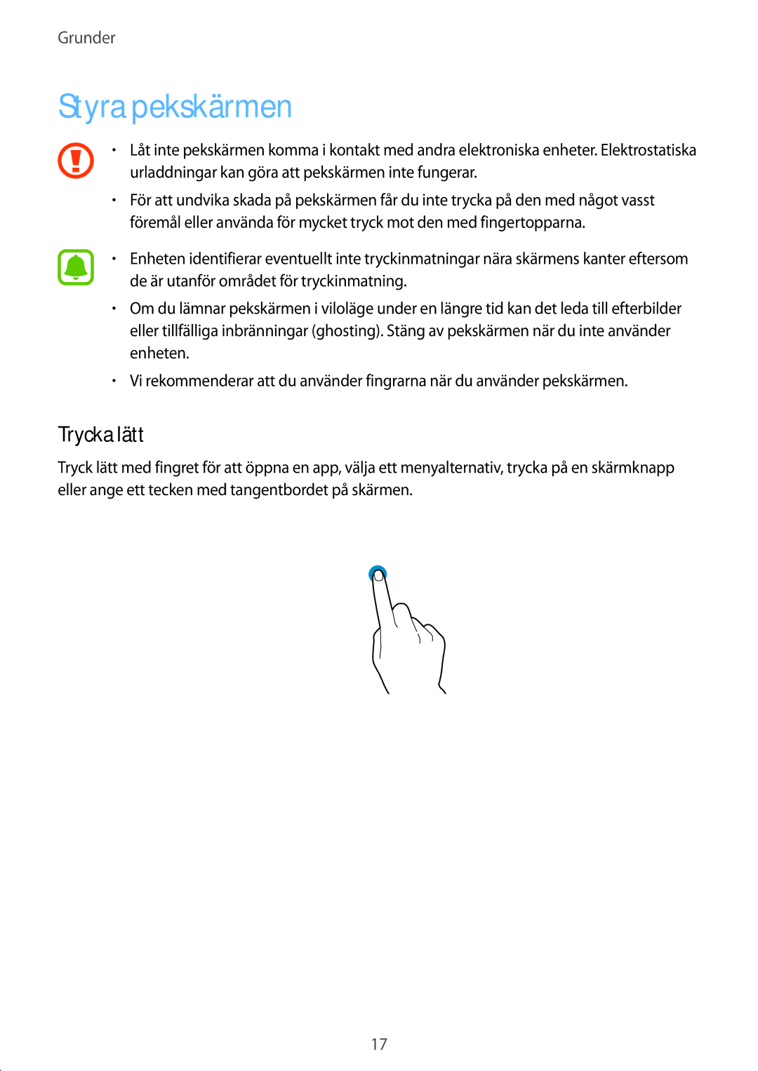 Samsung SM-T580NZWANEE, SM-T580NZKENEE, SM-T580NZWENEE, SM-T580NZKANEE manual Styra pekskärmen, Trycka lätt 