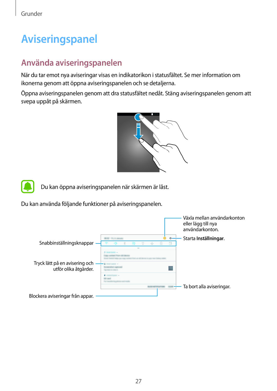 Samsung SM-T580NZKANEE, SM-T580NZKENEE, SM-T580NZWANEE, SM-T580NZWENEE manual Aviseringspanel, Använda aviseringspanelen 