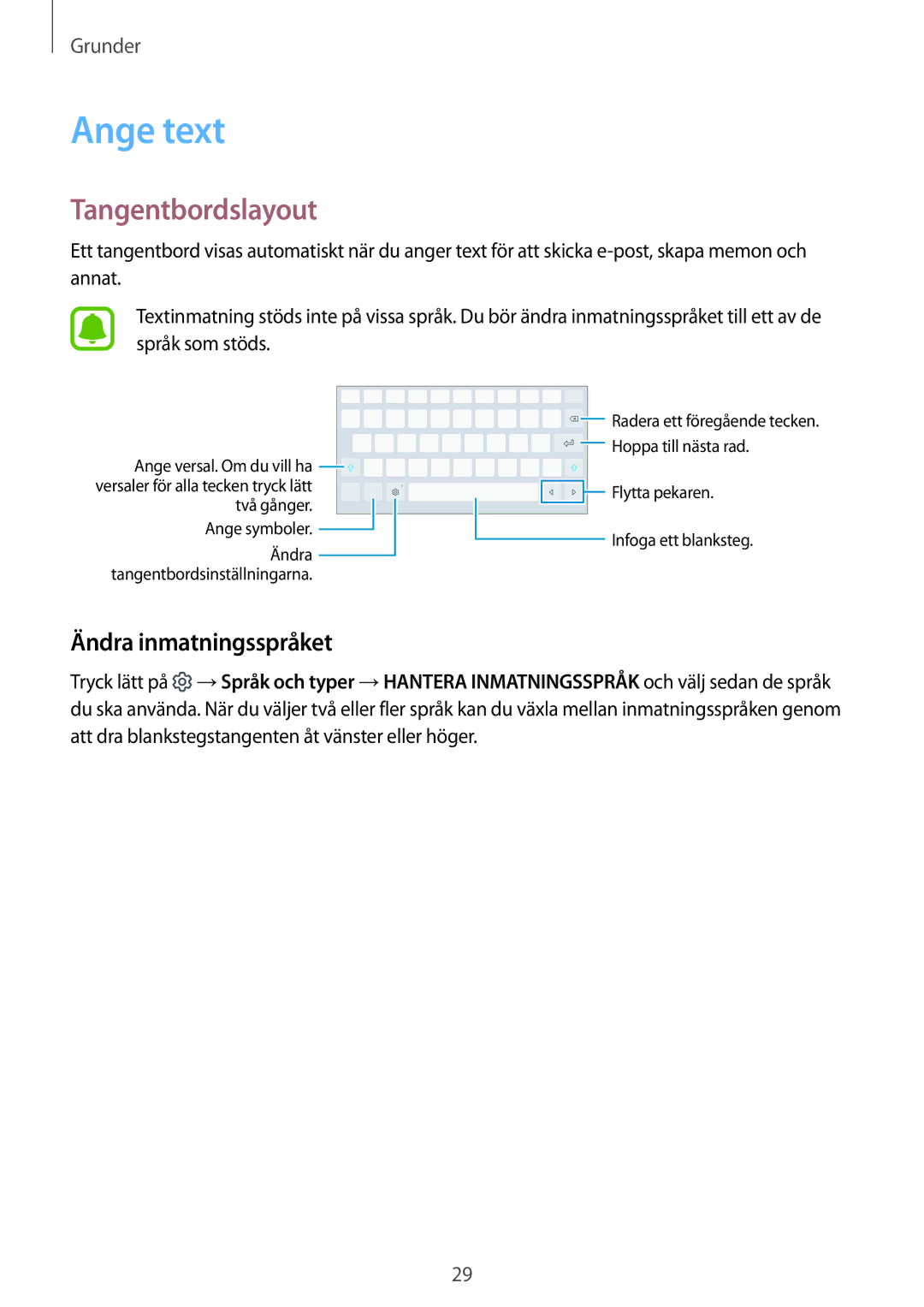 Samsung SM-T580NZWANEE, SM-T580NZKENEE, SM-T580NZWENEE manual Ange text, Tangentbordslayout, Ändra inmatningsspråket 