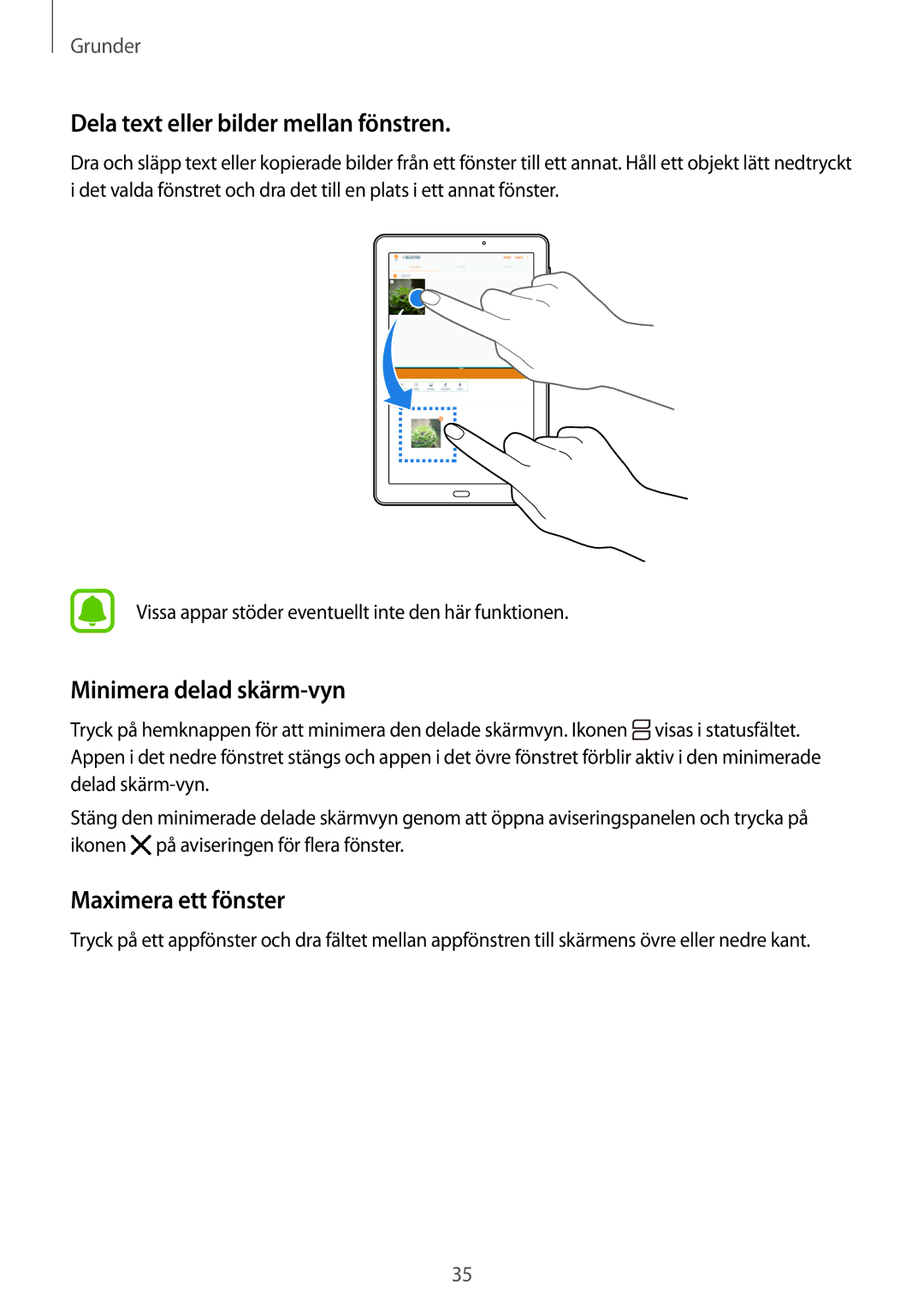 Samsung SM-T580NZKANEE manual Dela text eller bilder mellan fönstren, Minimera delad skärm-vyn, Maximera ett fönster 