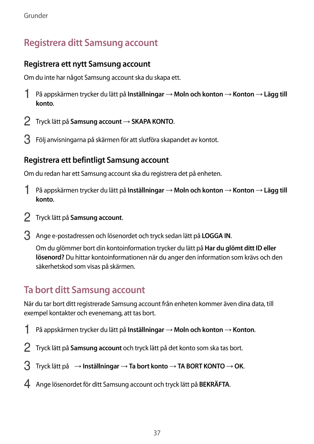 Samsung SM-T580NZWANEE Registrera ditt Samsung account, Ta bort ditt Samsung account, Registrera ett nytt Samsung account 