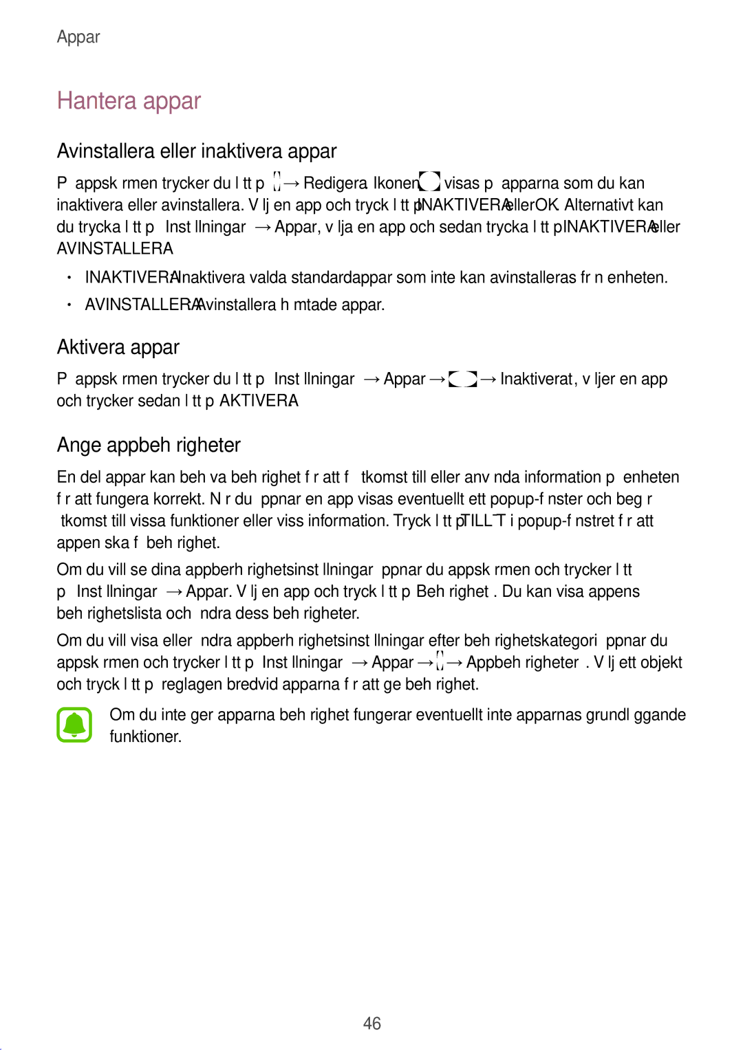 Samsung SM-T580NZWENEE manual Hantera appar, Avinstallera eller inaktivera appar, Aktivera appar, Ange appbehörigheter 