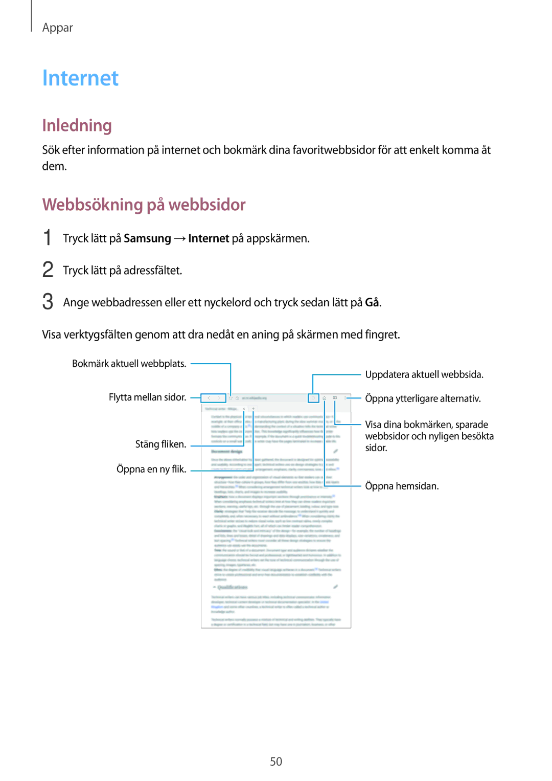 Samsung SM-T580NZWENEE, SM-T580NZKENEE, SM-T580NZWANEE, SM-T580NZKANEE manual Internet, Webbsökning på webbsidor 