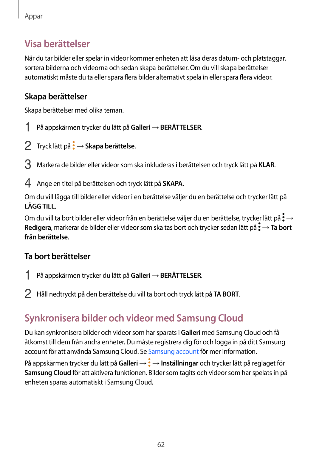 Samsung SM-T580NZWENEE manual Visa berättelser, Synkronisera bilder och videor med Samsung Cloud, Skapa berättelser 