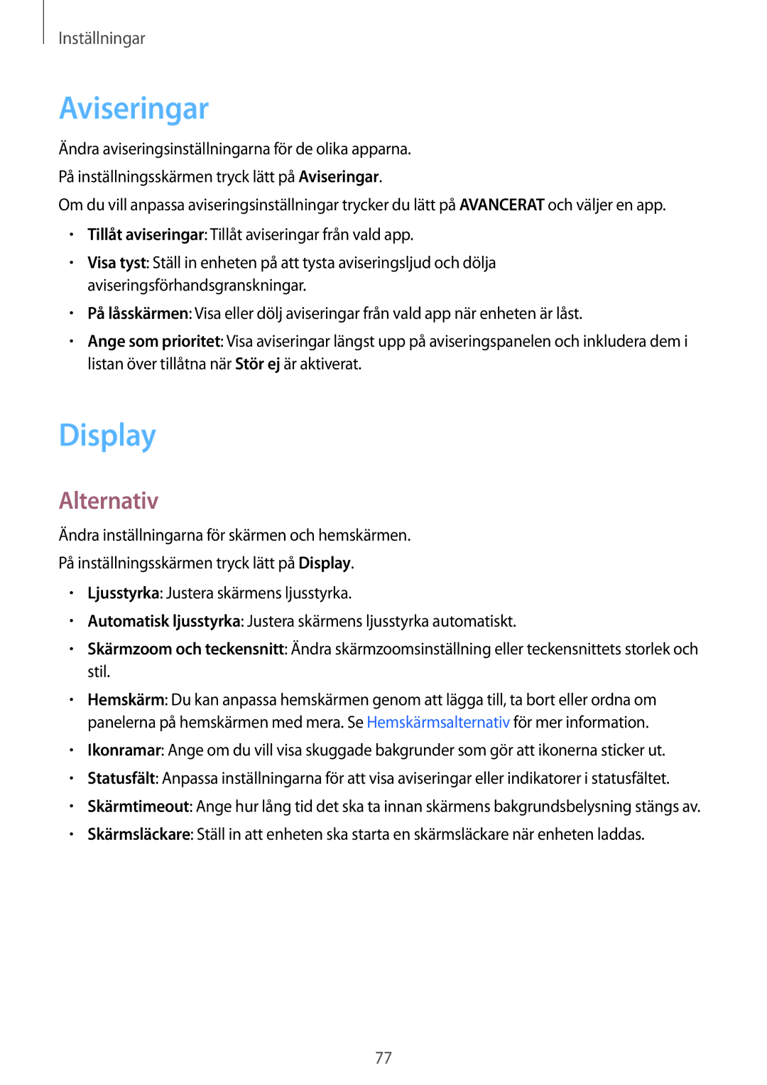 Samsung SM-T580NZWANEE, SM-T580NZKENEE, SM-T580NZWENEE, SM-T580NZKANEE manual Aviseringar, Display, Alternativ 