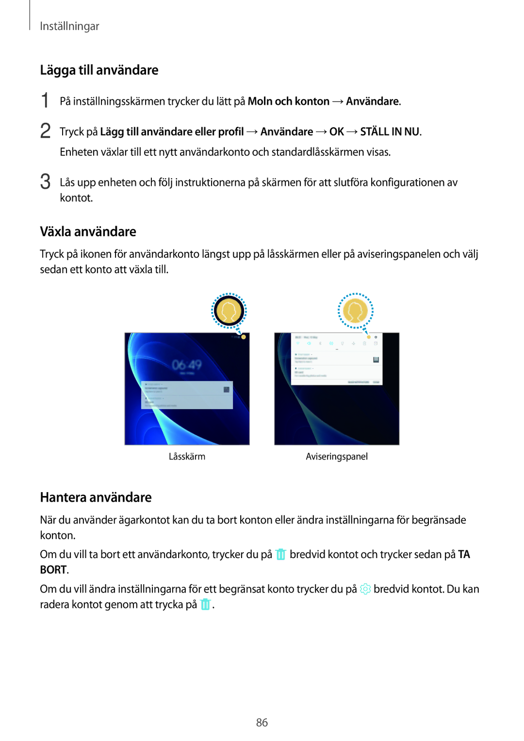 Samsung SM-T580NZWENEE, SM-T580NZKENEE, SM-T580NZWANEE manual Lägga till användare, Växla användare, Hantera användare 